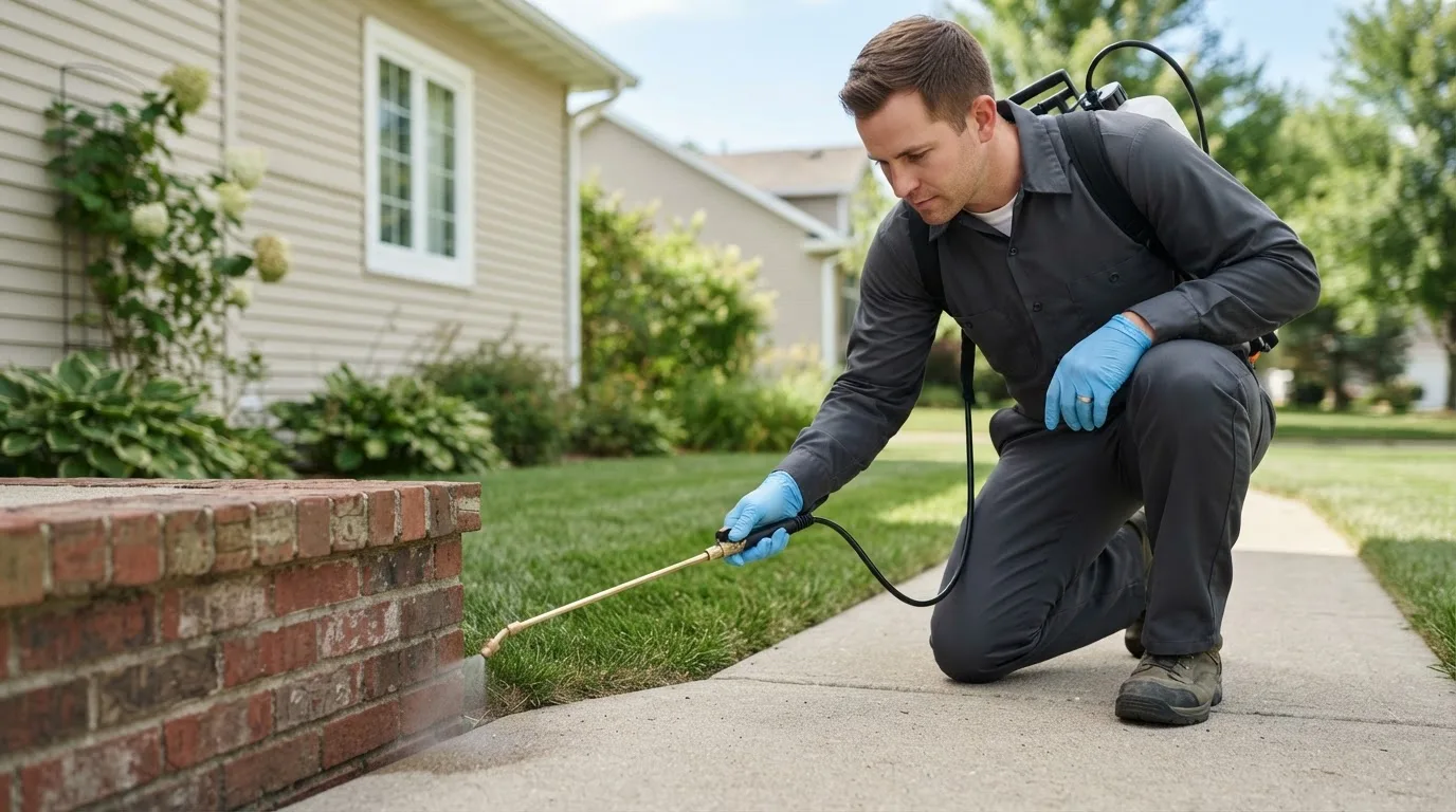 Pest control technician treating a home near Saint George Island, AK